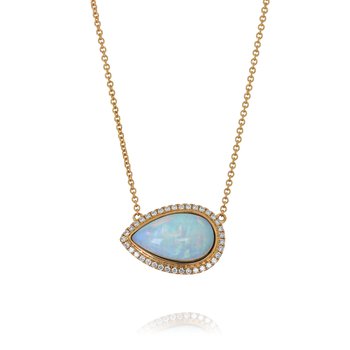 14kt Rose Gold Pear Opal 2.06ct Horizontal 0.27 ct Diamond Halo & Station Necklace  845-194-321