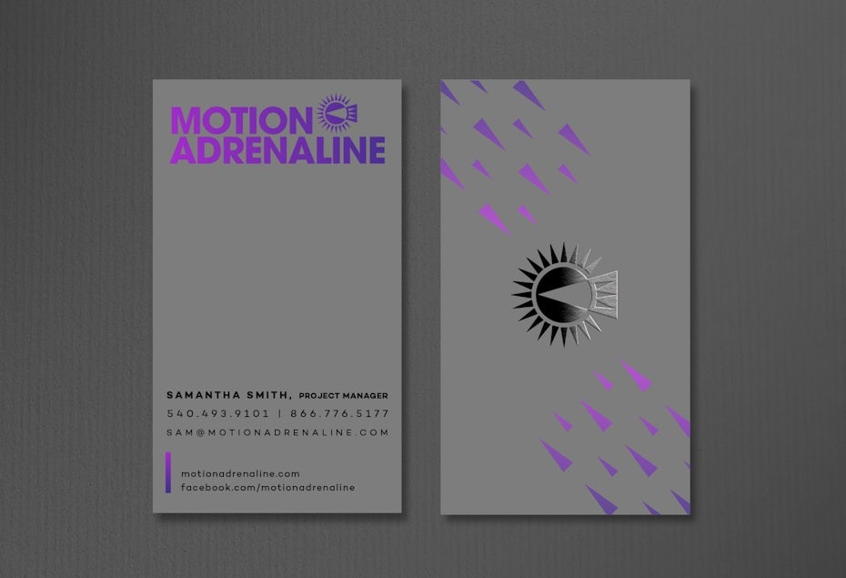 Business cards trends 2020 example: motion and adrenaline business card