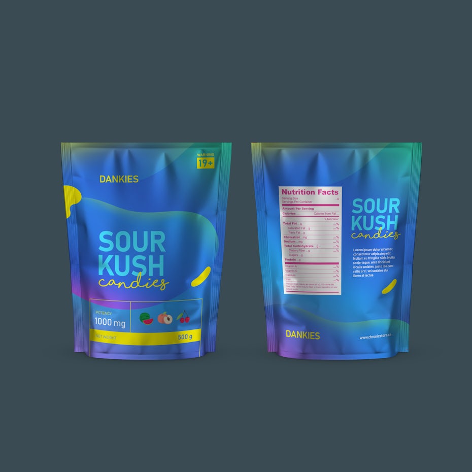 Color trends 2020 example: futuristic color Cannabis Gummy Candy packaging