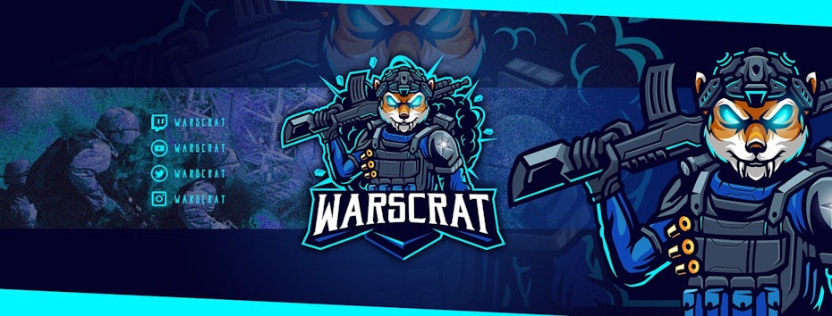 Twitch banner design that using a fox soldier character