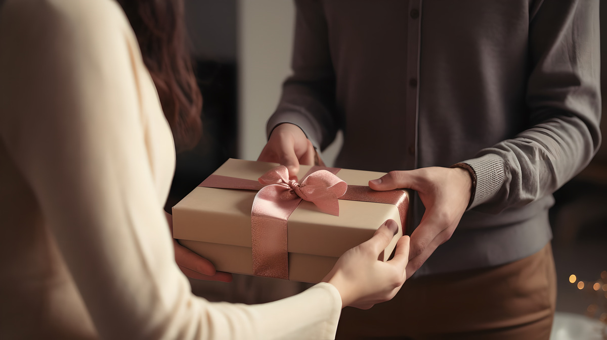 A closeup of a woman handing a gift to a well dressed man