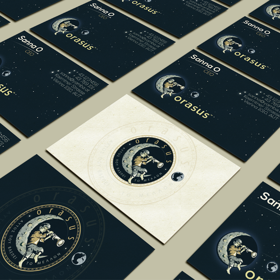 Business cards trends 2020 example: Child on moon illustration business card